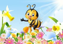 cartoon-bee-holding-honey-dipper-flower-background-illustration-77652042.jpg